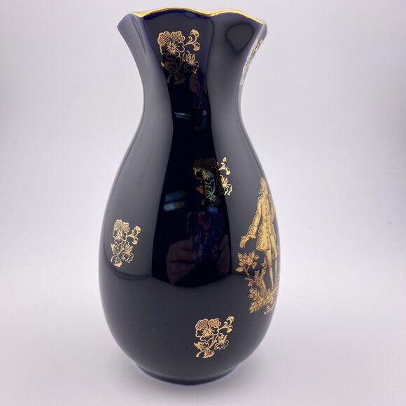 LIMOGES France Cobalt Blue  22K Gold Courting Couple Design Porcelain Vase - Picture 4 of 6